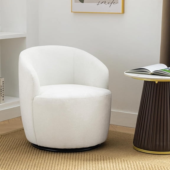 BISHE Small Swivel Barrel Chair, 360° Comfy Round Accent Chair for Small Spaces, Modern Chenille Armchair for Living Room, Bedroom, Corner or Reading Nook, Ivory