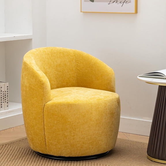 BISHE Small Swivel Barrel Chair, 360° Comfy Round Accent Chair for Small Spaces, Modern Chenille Armchair for Living Room, Bedroom, Corner or Reading Nook, Yellow