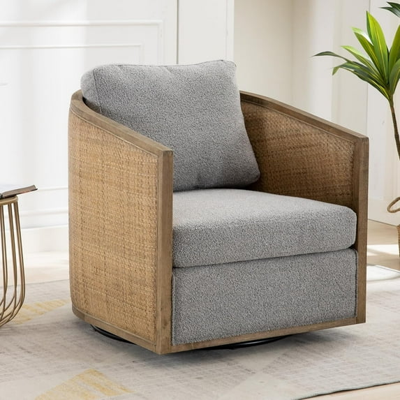 BISHE Swivel Accent Chair with Armrests, Comfortable Upholstered Round Barrel Club Chair, Boucle Leisure Armchair, Modern Accent Chair for Living Room, Bedroom, Office, Hotel (Grey-Boucle)