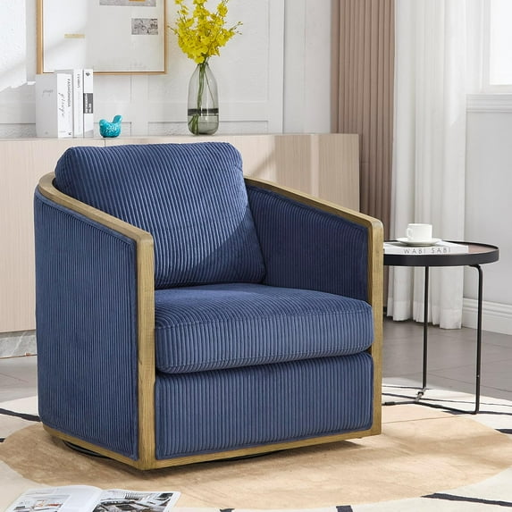 BISHE Swivel Accent Chair with Armrests, Comfortable Upholstered Round Barrel Club Chair, Corduroy Leisure Armchair, Modern Accent Chair for Living Room, Bedroom, Office, Hotel (Blue-Corduroy)