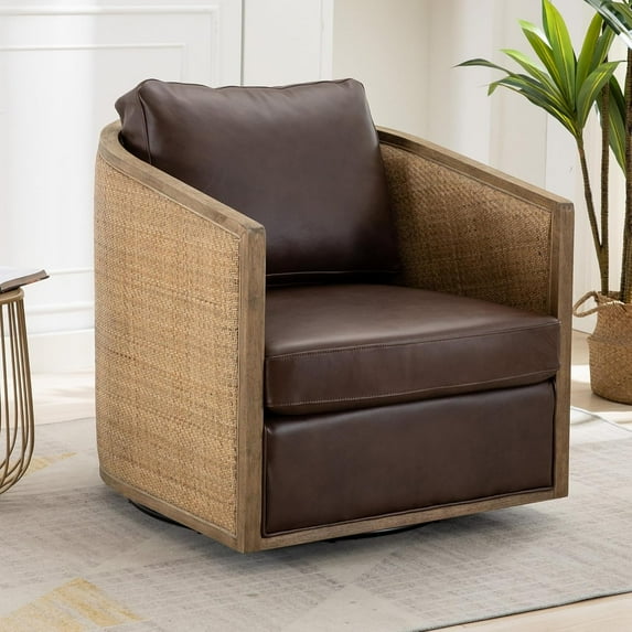 BISHE Swivel Accent Chair with Armrests, Comfortable Upholstered Round Barrel Club Chair, Leather Leisure Armchair, Modern Accent Chair for Living Room, Bedroom, Office, Hotel (Brown-Leather)