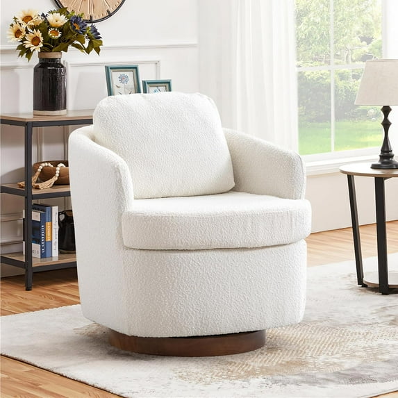 BISHE Swivel Accent Chair, Oversized 360° Barrel Armchair with Round Wood Base, Comfy Upholstered Lounge Chair for Living Room or Bedroom, Ivory-Boucle