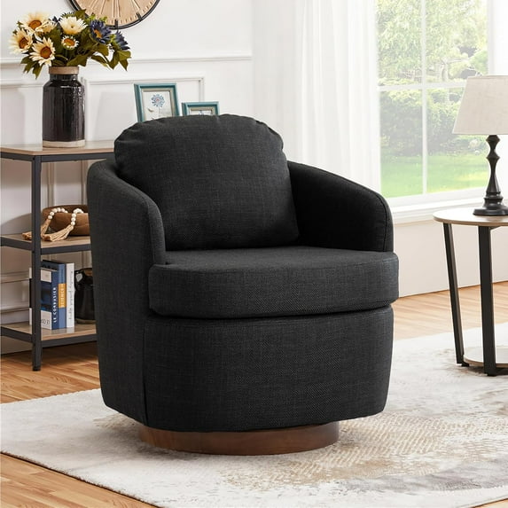 BISHE Swivel Accent Chair, Oversized 360° Barrel Armchair with Round Wood Base, Comfy Upholstered Lounge Chair for Living Room or Bedroom, Linen Dark Gray