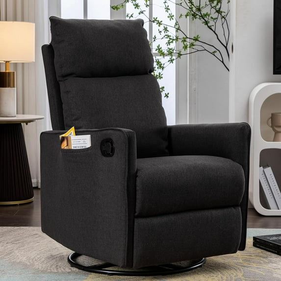 BISHE Swivel Rocking Chair Glider Recliner, Cotton Linen Upholstery with Adjustable Back & Footrest for Living Room, Nursery, Bedroom, Indoor Spaces, Dark Gray
