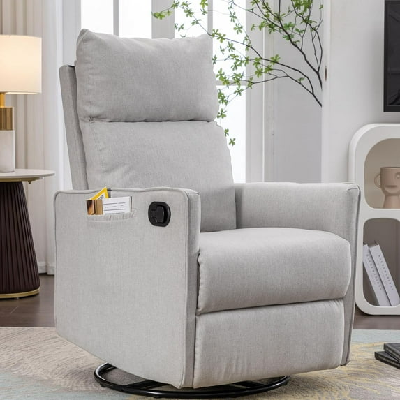 BISHE Swivel Rocking Chair Glider Recliner, Cotton Linen Upholstery with Adjustable Back & Footrest for Living Room, Nursery, Bedroom, Indoor Spaces, Light Gray