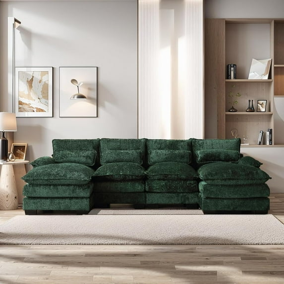 BISHE U-Shaped Sectional Cloud Sofa, 110" Chenille Modular Couch with Double Chaise, 4-Seater Comfy Sleeper Sofa for Living Room, Modern Oversized Upholstered Furniture, Emerald Green