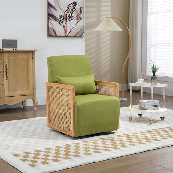 BISHE Upholstered Living Room Chair with Rattan Armrest and Wood Legs, Mid Century Modern Fabric Lounge Comfy Armchairs for Bedroom/Hosting Room/Reading Room