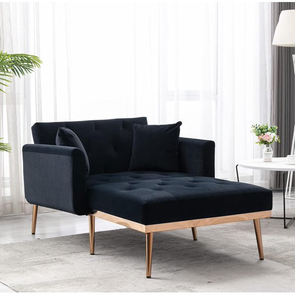 BISHE Velvet Chaise Lounge Indoor with Adjustable Backrest, Modern Convertible Sleeper Chair for Bedroom Living Room, Reclining Lounge Sofa with Sturdy Metal Legs, Black
