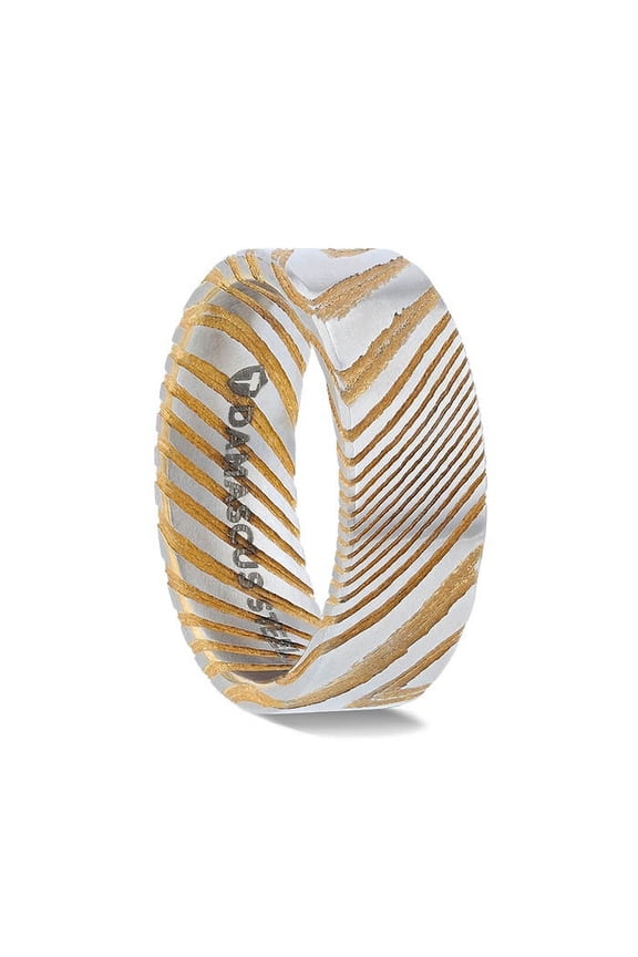 BISHOP Gold Color Flat Brushed Damascus Steel Men’s Wedding Band with Vivid Etched Design - 6mm & 8mm