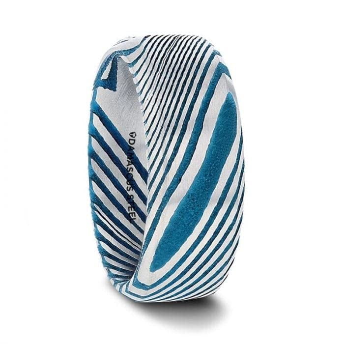 BISMAN Blue Beveled Brushed Damascus Steel Men&rsquo;s Wedding Band with A Vivid Etched Design - 6mm - Size 10.5