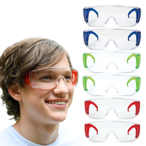 BISON LIFE Diamont Kids Over Glass Safety Glasses, 6 Pack, ANSI Z87.1, Youth Protective Goggles, Red, Green & Blue Temples