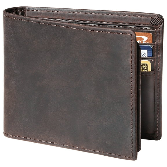 BISONDALE Full Grain Crazy Horse Leather Wallet for Men, Leather RFID Blocking Bifold, ID Window, 11 Card Slots,Brown
