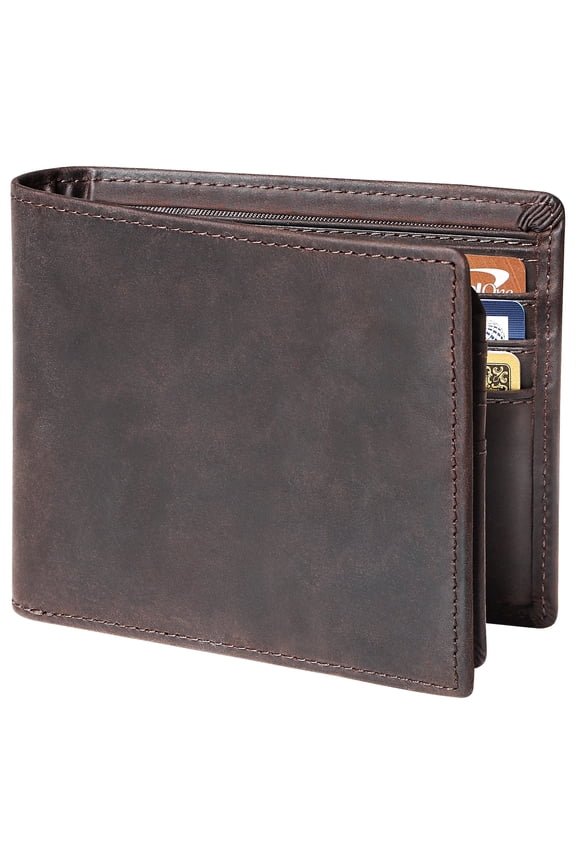 Full Grain Crazy Horse Leather Wallet for Men, Leather RFID Blocking Bifold, ID Window, 11 Card Slots,Brown