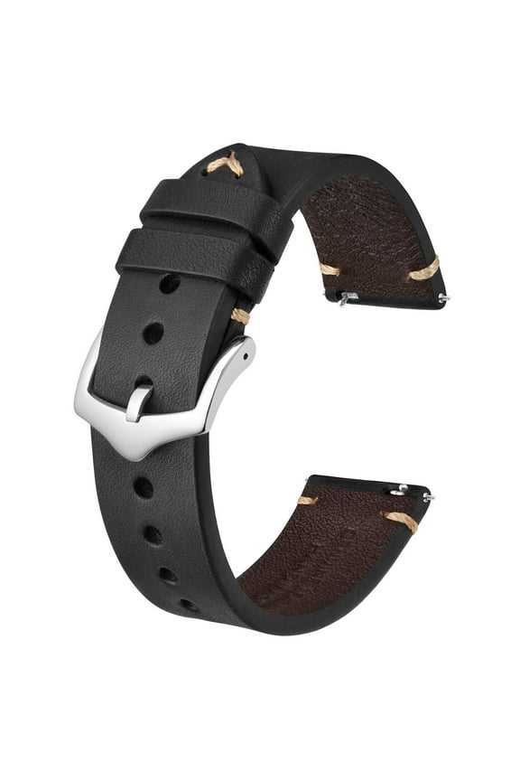 Men's Watch Bands, Hand-Stitched Leather Watch Straps, Quick Release, 18mm, Black with Silver Buckle