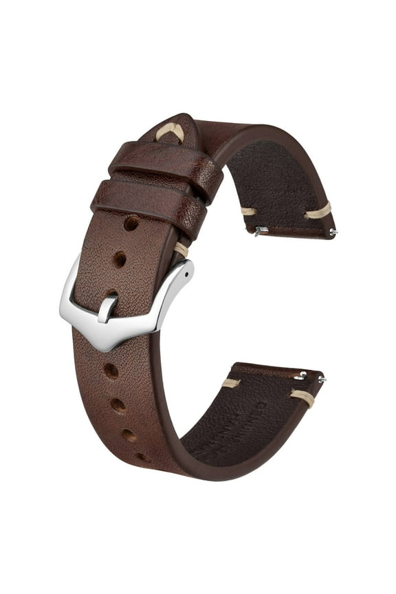 Men's Watch Bands, Hand-Stitched Leather Watch Straps, Quick Release, 18mm, Coffee Brown with Silver Buckle