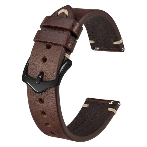 BISONSTRAP Men's Watch Bands, Hand-Stitched Leather Watch Straps, Quick Release, 22mm, Coffee Brown with Black Buckle