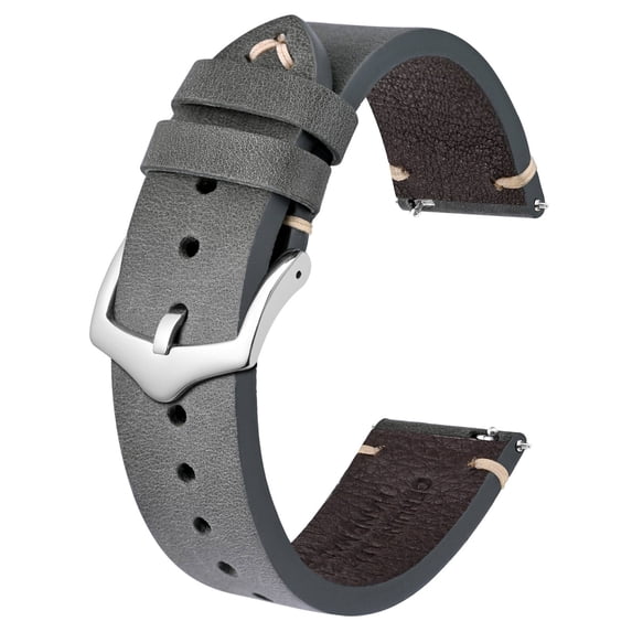 BISONSTRAP Men's Watch Bands, Hand-Stitched Leather Watch Straps, Quick Release, 22mm, Grey with Silver Buckle
