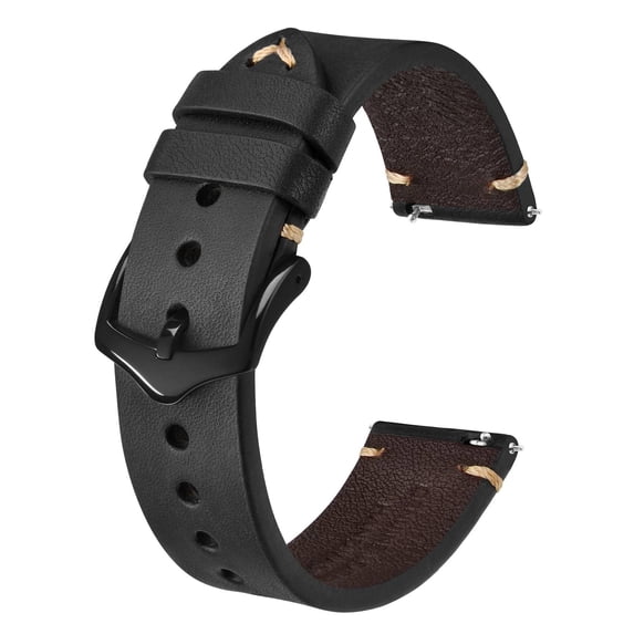 BISONSTRAP Men's Watch Bands, Hand-Stitched Leather Watch Straps, Quick Release, 23mm, Black with Black Buckle