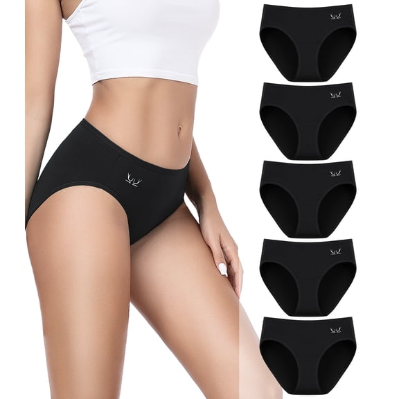 BISPOY Cotton Underwear for Women Panties, Mid-Waist Ladies Panties Full Coverage Briefs 5 Pack, Regular & Plus Size, Black