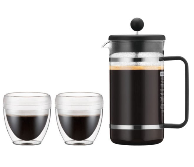 Bodum Bistro 3 Piece Set, Includes 34 oz French Press and 2 - 8 oz BPA Free Plastic Pavina Double Wall Tumblers, Black