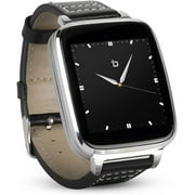 BIT BEANTECH Full Function Smart Watch for Apple/Android Devices. Classical Elegance with Communications Fitness Music Camera Control. Silver with Black Calfskin Leather Strap Black