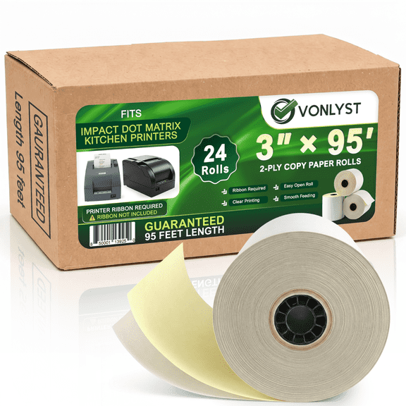 Vonlyst Two Ply Copy Carbonless Rolls 3x95 White/Canary for Clover Kitchen Printer Paper (24 rolls)