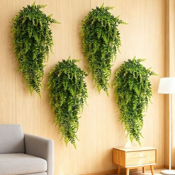 BITOUSHI 4Pcs Fake Hanging Plants Artificial Ferns for Outdoors，Fake Ferns UV Resistant Plastic Fake Plants for Indoor Wall Porch Wedding Party Holiday Decor