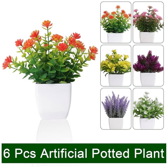 BITOUSHI 6 Pot Artificial Potted Flowers, Mini Colorful Potted Plants for Indoor, Small Fake Plants for Shelf Desk Home Bathroom Farmhouse Office Living Room Decor