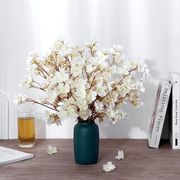 BITOUSHI 6Pcs Artificial Cherry Blossom Branches Decor Fake Flowers 16" Silk Faux Flowers for Decoration Spring Peach Bouquet Home Wedding Bedroom Party Japanese Garden Table Decor(White)