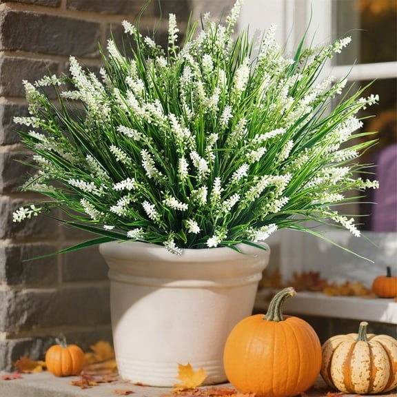 BITOUSHI Artificial Fake Lavender Flowers Outdoor Plants for Decoration, 12 Bundles Faux Plastic Tall Monkey Grass UV Resistant Realistic Lavender for Home Planter Window Porch Garden - White