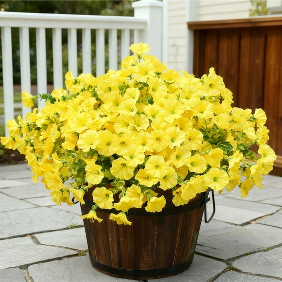 BITOUSHI Artificial Fake Plants Flowers for Outdoor Outside Spring Summer Decoration, 12 Bundles Faux Colorful Mix Morning Glory UV Sun Resistant for Porch Patio Home Planter Yard - Yellow