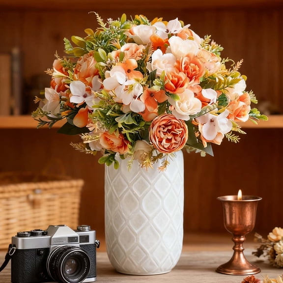 BITOUSHI Artificial Flowers, Artificial Peony Small Silk Flowers Fake Peonies Bouquet Rose Flower Arrangement Table Centerpiece for Dining Party Home Decoration - 4Pcs - Orange