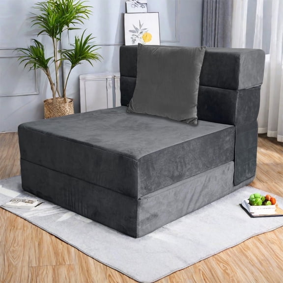 BITOUSHI Convertible Folding Sofa Bed - Memory Foam Sleeper Chair, Modern Velvet Fabric Floor & Futon Couch, Foldable Mattress for Living Room/Dorm/Guest Use/Home Office/Apartment - Dark Gray