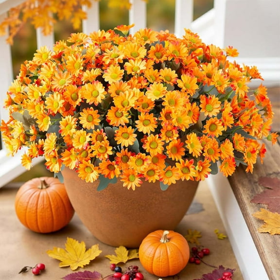 BITOUSHI Daisy Artificial Flowers for Outdoors Decoration, 12 Bundles Fake Mums Silk Flowers for Outside Look Real UV Resistant Faux Flowers Plants for Planter Front Door Home Indoor Porch - Orange