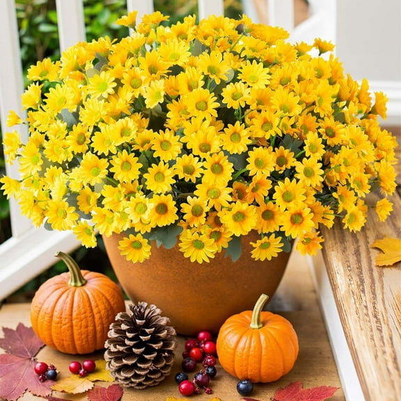 BITOUSHI Daisy Artificial Flowers for Outdoors Decoration, 12 Bundles Fake Mums Silk Flowers for Outside Look Real UV Resistant Faux Flowers Plants for Planter Front Door Home Indoor Porch - Yellow