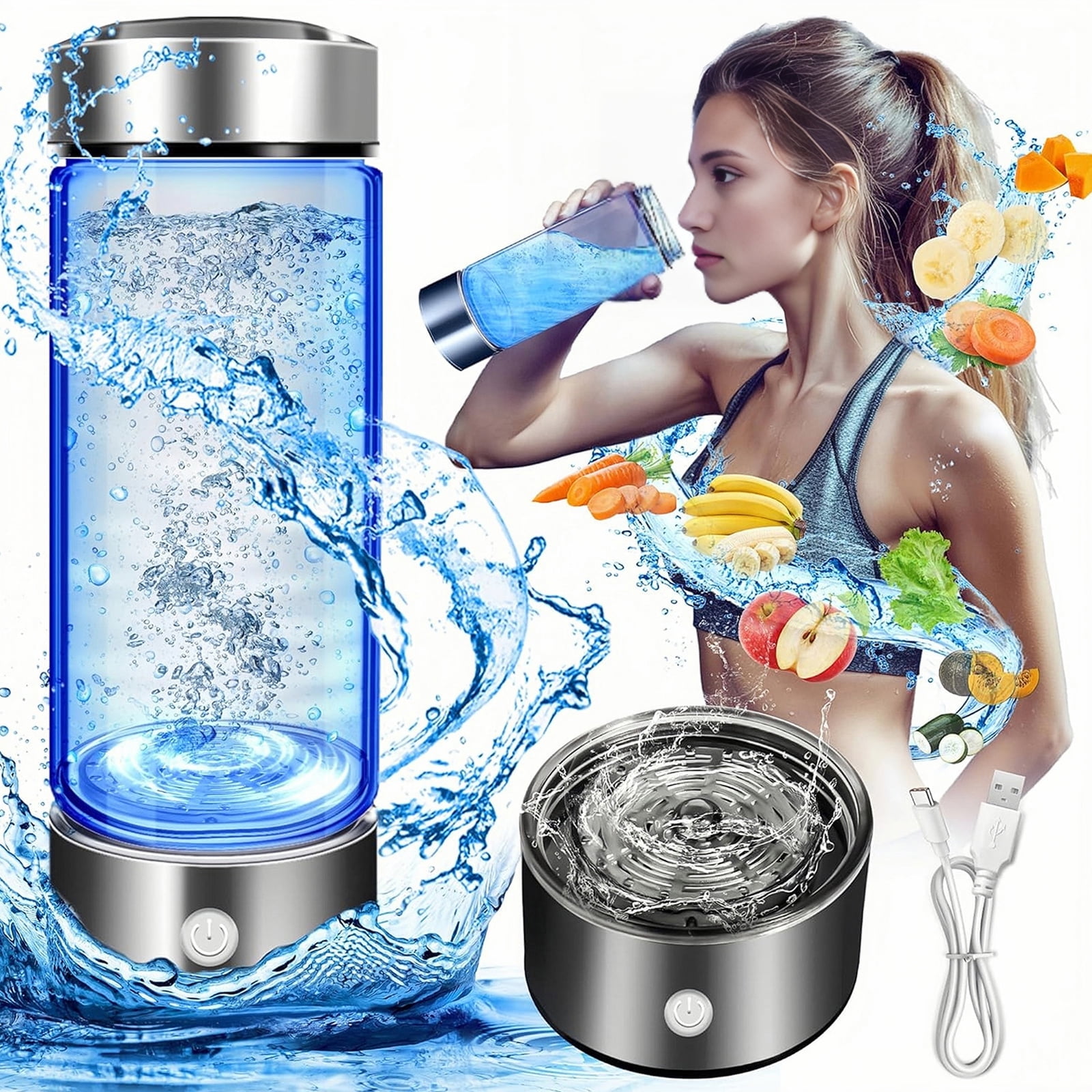 BITOUSHI Hydrogen Water Bottle Portable Hydrogen Water Ionizer Machine Hydrogen Rich Water Cup Generator with New SPE PEM Technology Water Glass for Office Home Travel Drinking - Silver