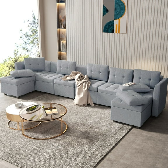 BITOUSHI Modular Sectional Sleeper Sofa Couch with Storage Seat Reversible Modular Sofa Couch Oversized Sleeper Sectional Sofa Bed Set, Adjustable Armrest, 8 Seater, Gray