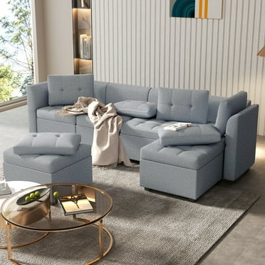 BITOUSHI Modular Sectional Sofa, U Shaped Sofa Couch with Storage Seats, Sectional Couches for Living Room, 6 Seats Convertible Sofa Bed High Supportive with Adjustable Backrest, Grey