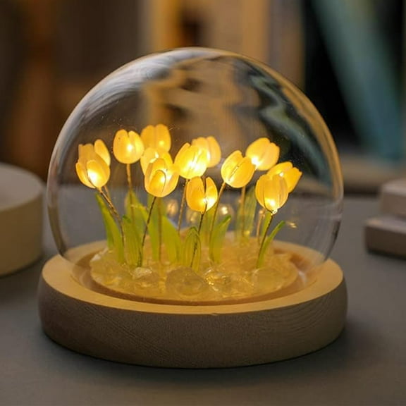 BITOUSHI Tulip Night Light Furniture Atmosphere Lamp Artificial Flowers in Glass Dome with LED Light Tulips Decor for Bedroom Living Room Garden Gifts for Women Girlfriend Kids - Yellow