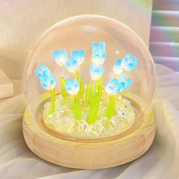 BITOUSHI Tulips Night Light Furniture Atmosphere Lamp Blue Artificial Flowers in Glass Dome with LED for Bedroom Decor Tulip Gifts for Mom Children Christmas Birthday - Blue