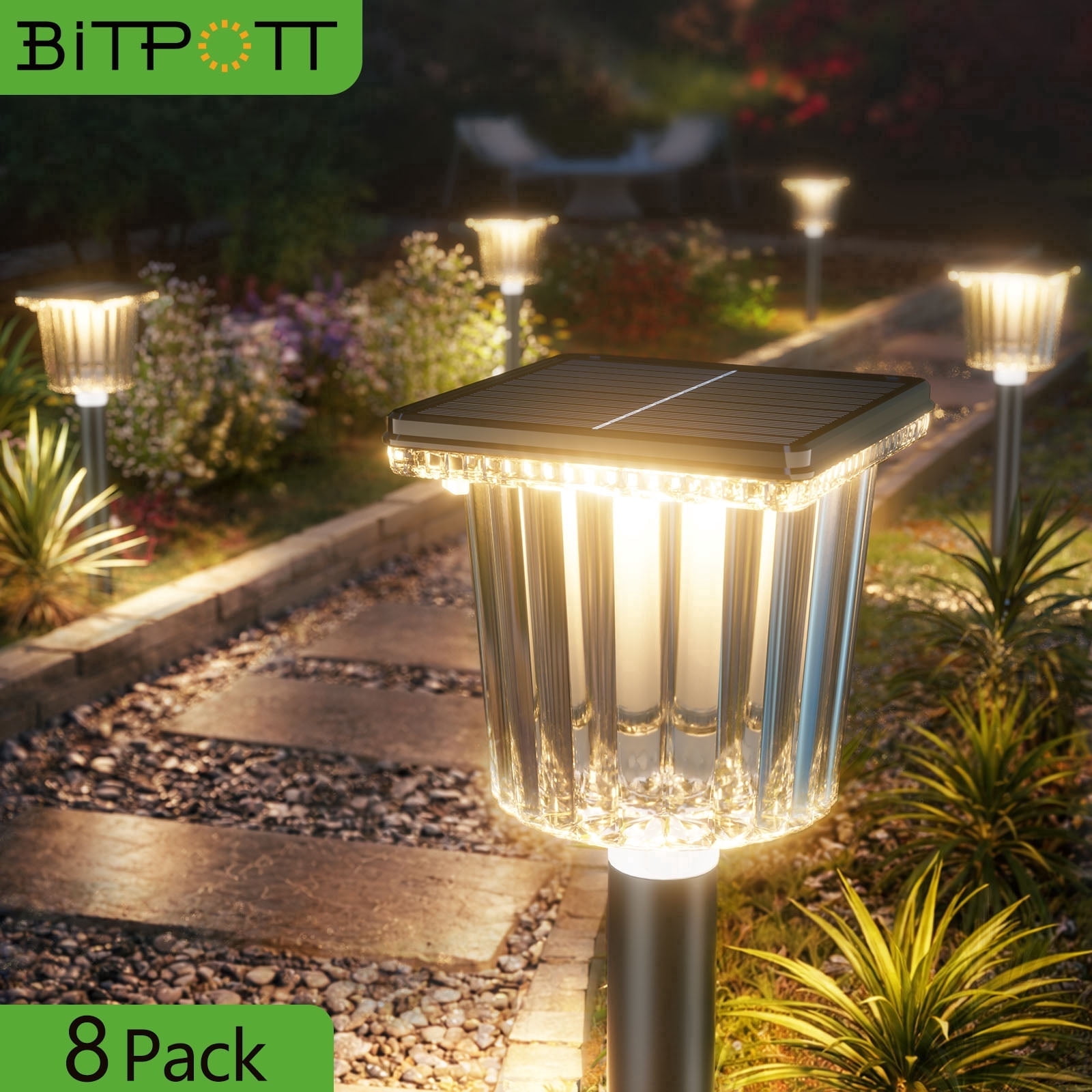 BITPOTT  8 Pack Bright Solar Pathway Lights Outdoor, Adjustable Warm&Cool White, Waterproof IP65 Solar Garden Decor Landscape Lighting Outside, Black