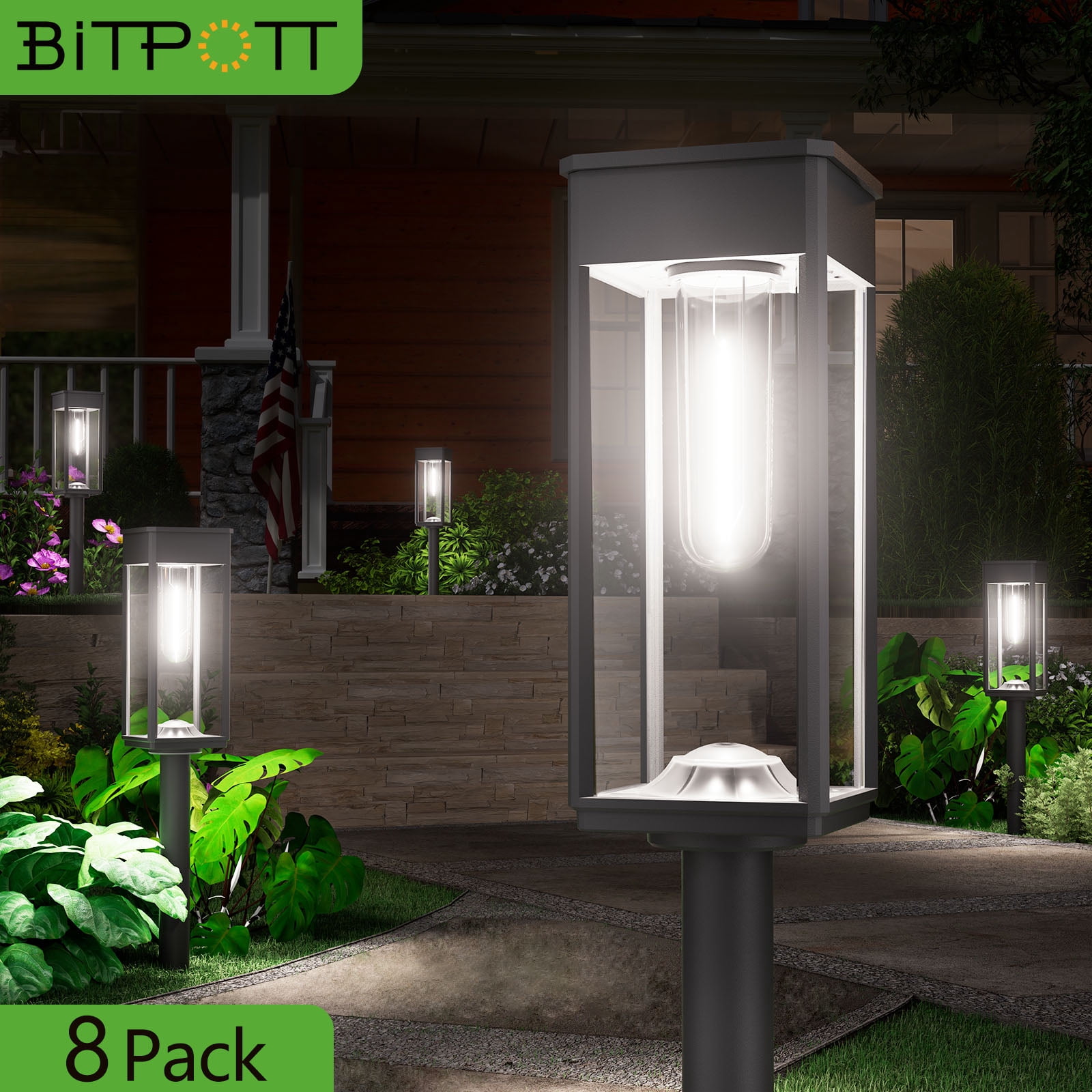 Bitpott BITPOTT Solar Pathway Lights Outdoor Waterproof 8 Pack, Auto IP65 ...