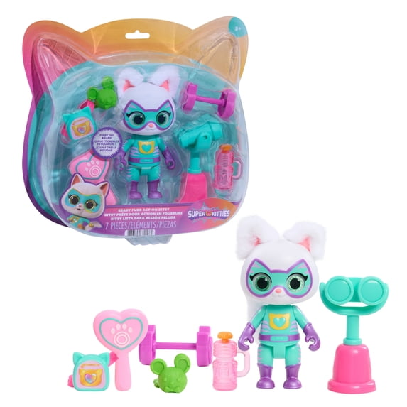 Disney Jr. SuperKitties Su-Purr Wild Ready Furr Action Bitsy Figure with Furry Tail and Ears, 7-Piece Set, Ages 3+