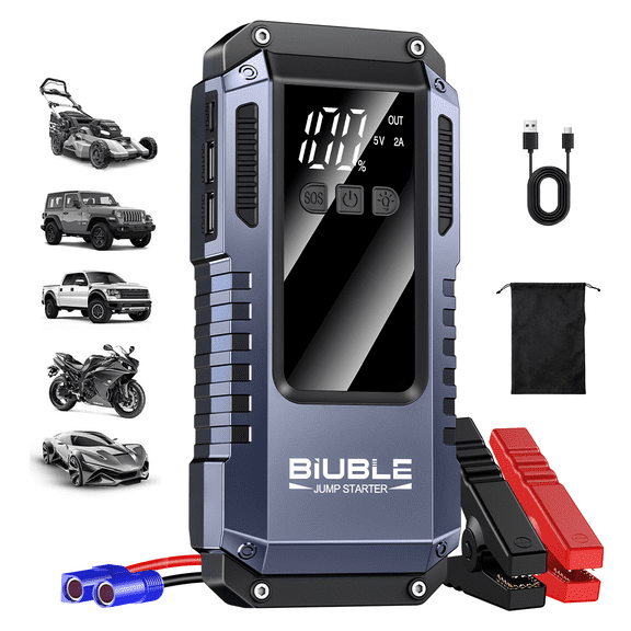 BIUBLE 16000A Car Jump Starter, 12V Portable Car Battery Charger Booster Jump Box Pack for 9.0L Gas & 8.0L Diesel Engines with LED Light & LCD Display, 2 USB Quick Charge