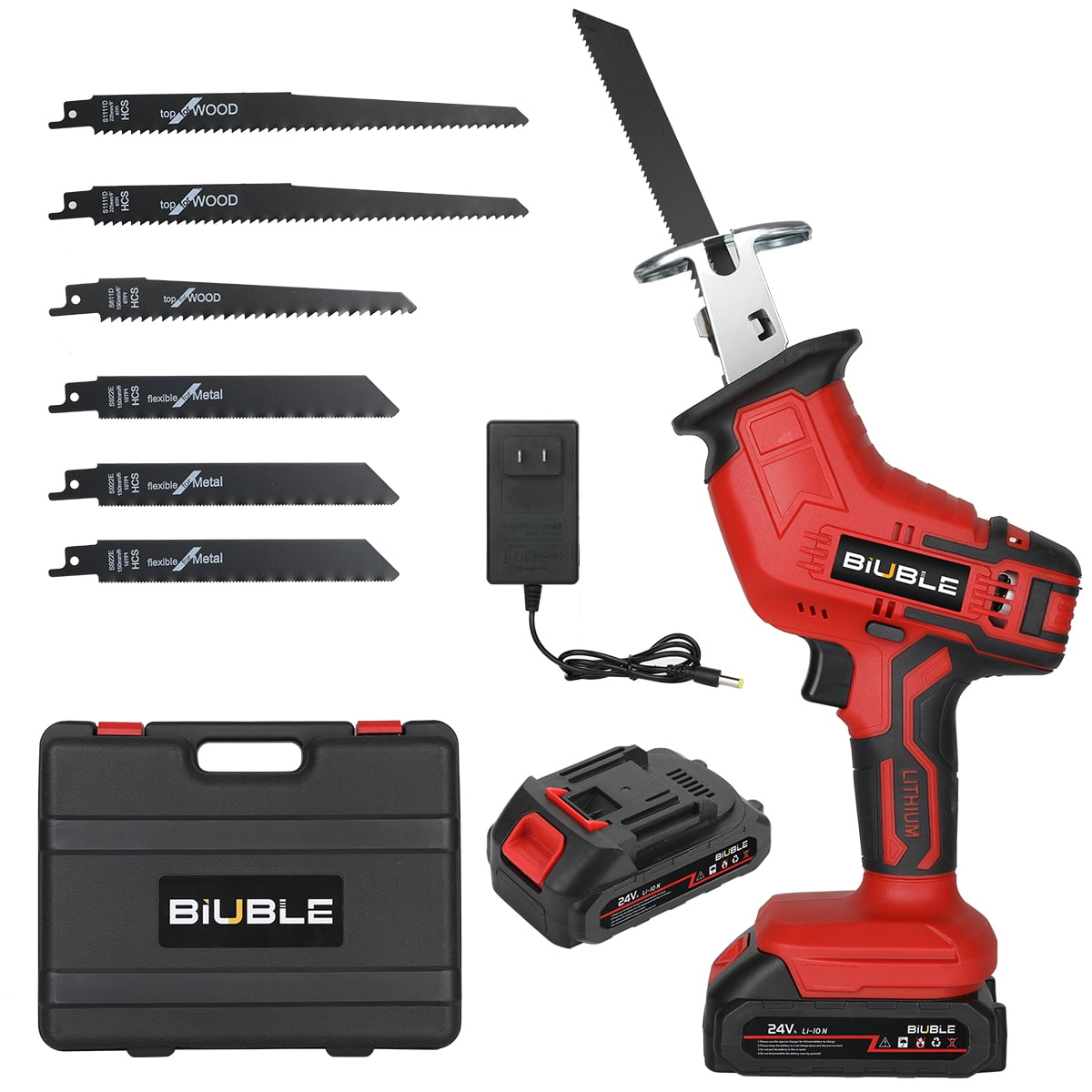 BIUBLE 24V Cordless Saw Reciprocate Saw with 2 Battery 6 Saw Blades for Wood/Metal/PVC/Frozen meat CuttingRed