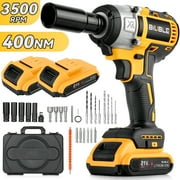 BIUBLE Impact Wrench, 1/2" Electric wrenches, Power Impact Driver Max Torque 400N.m, Cordless Impact Wrench with 21V Brushless Motor, with 2 Battery,Yellow