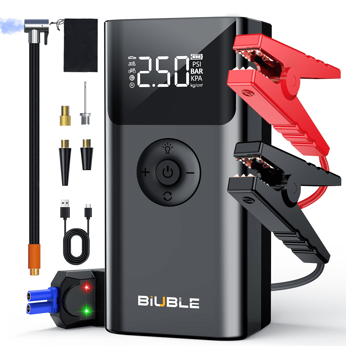 BIUBLE Portable 8000A Car Jump Starter with Air Compressor 150PSl, 12V Battery Pack (ALL Gas/2.64gal Diesel),  Car Battery Jumper Starter, Smart Jump Cables, Digital Display, LED Lights, V