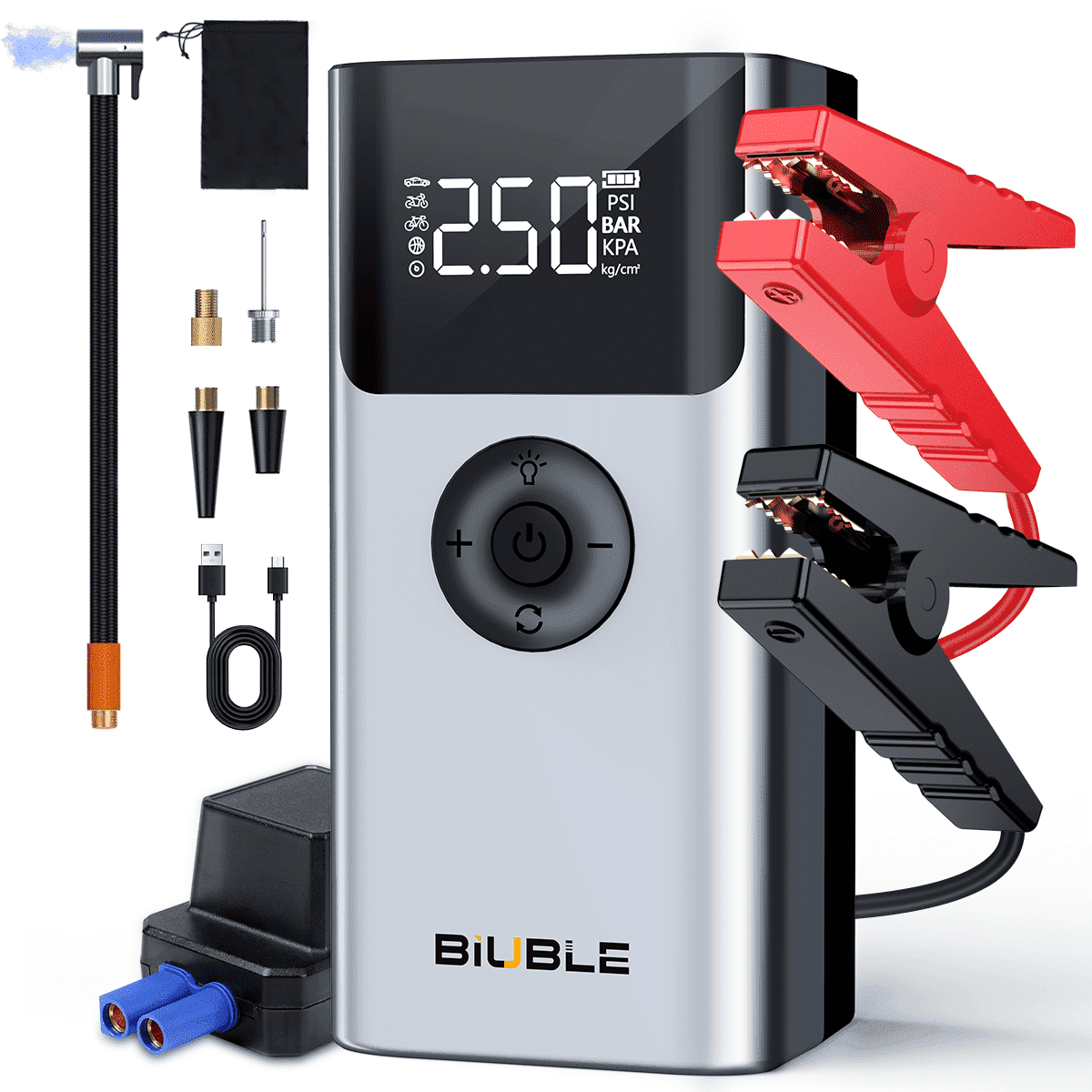 BIUBLE Portable 8000A Car Jump Starter with Air Compressor 150PSl, 12V Battery pack (All Gas/2.64gal Diesel),  Car Battery Jumper Starter, Smart Jump Cables, Digital Display, LED Lights