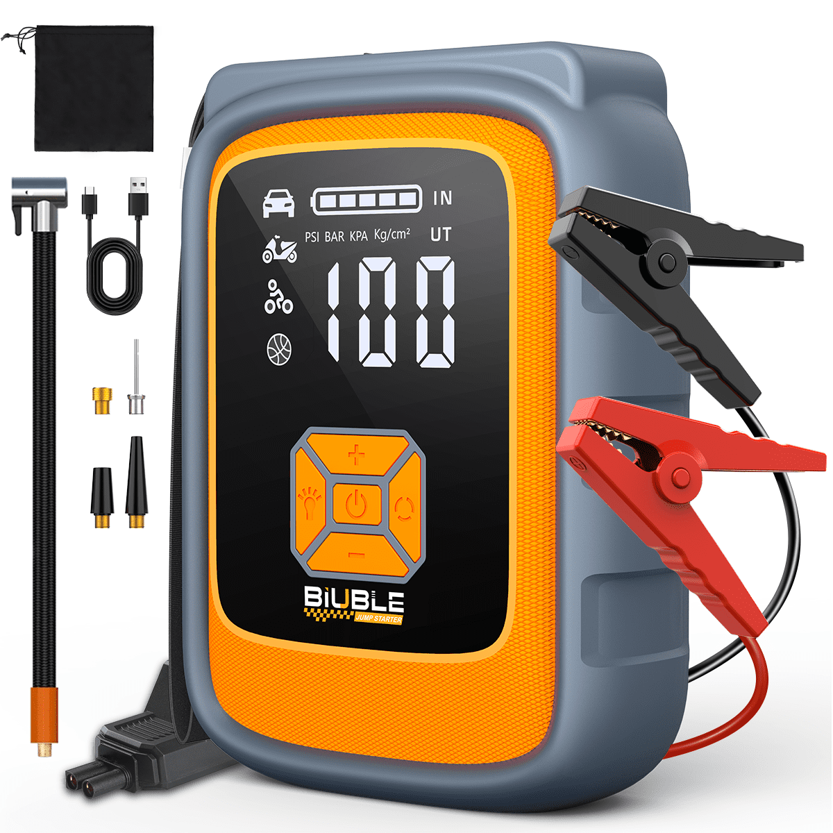 BIUBLE Portable Car Starter with Air Compressor, 9000A Car Battery Charger Power Jump Starter (12.0L Gasoline/10.0L Diesel), 150PSI Tire Inflator, 3 Modes LED Emergency Light