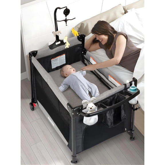 BIUSIKAN 3 in 1 Baby Bassinet, Rocking Bassinet Bedside Sleeper with Comfy Mattress and Breathable Mesh, 6 Height Adjustable & Upgraded Wheels Portable Bedside Crib for Newborn